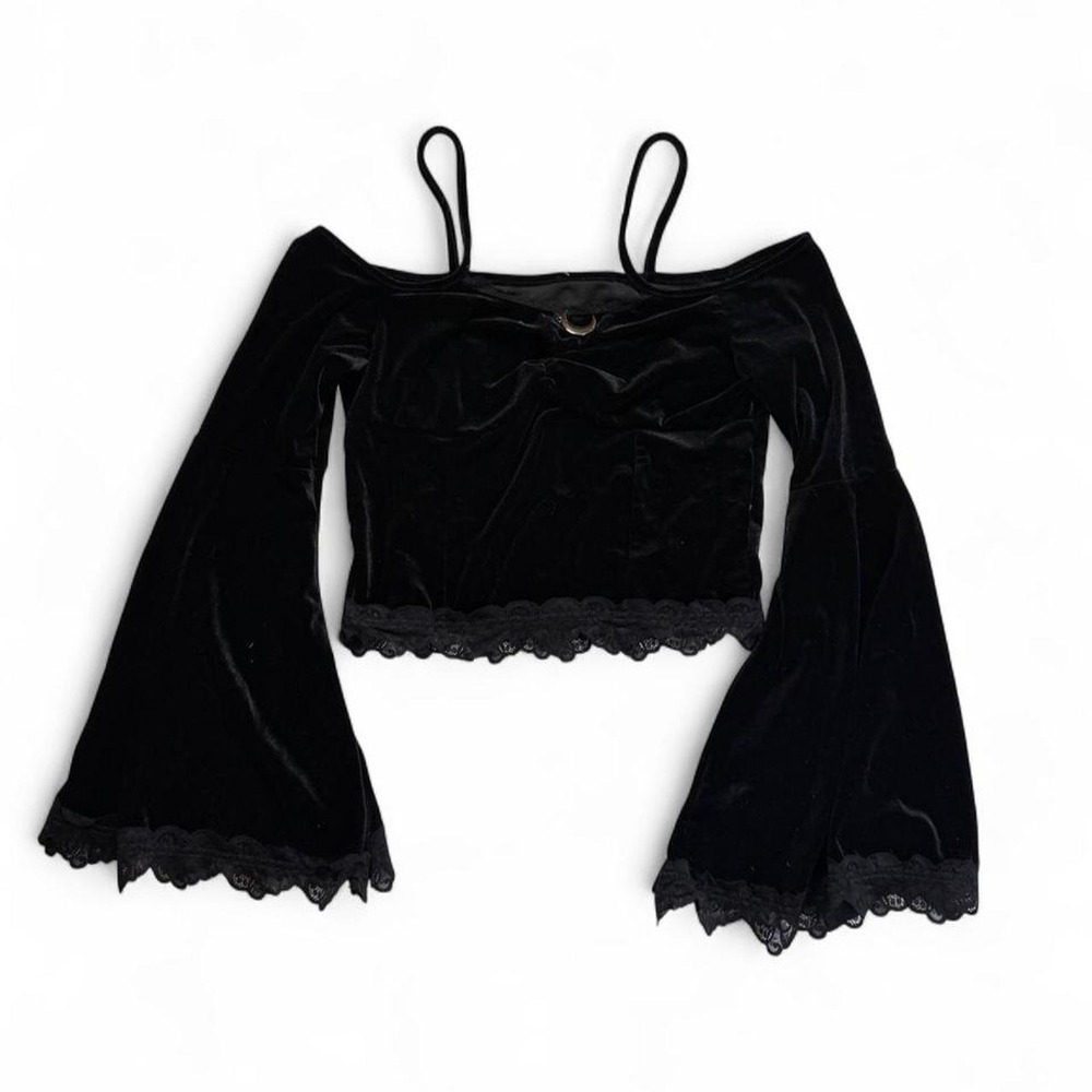 Goth Black Velvet Crop Top Silver Moon Charm Lace Bell Sleeve Blouse